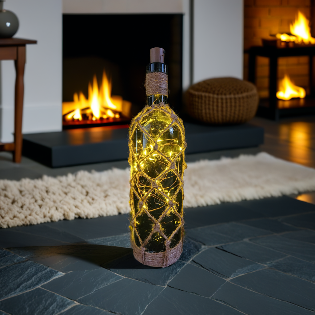 A braided green glass bottle lamp with LED lights inside, placed on a floor with a fireplace in the background.