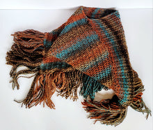 Load image into Gallery viewer, Brown and Blue Hand Knitted Striped Poncho - Knitted brown, blue poncho with round neck and long tassels
