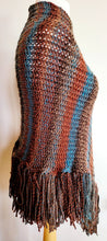 Load image into Gallery viewer, Brown and Blue Hand Knitted Striped Poncho - Knitted brown, blue poncho with round neck and long tassels
