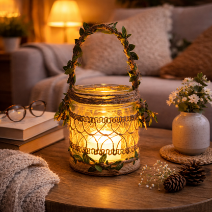 Decorative lantern with decorative burlap design. Jute handle with leaves glowing light on a table in a cozy living room setting.