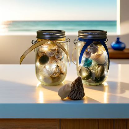 Two jars filled with shells and lights on a surface with a beach view in the background.