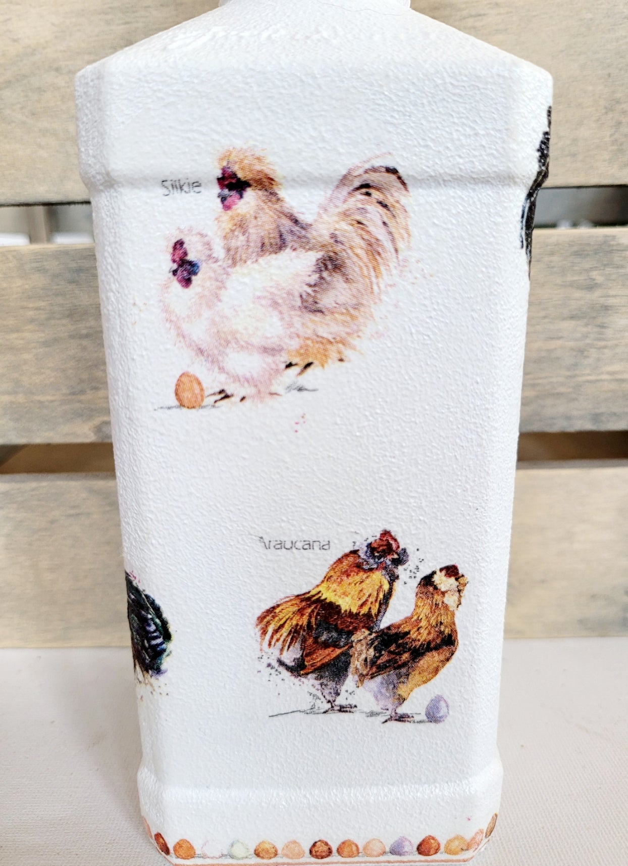 Country Inspired Soap Dispenser - white painted bottle with chickens detail around the sides