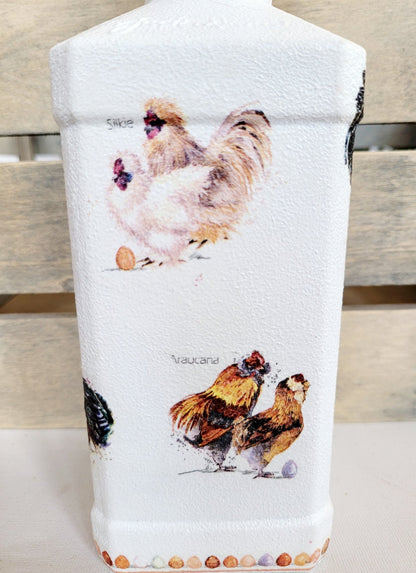 Country Inspired Soap Dispenser - white painted bottle with chickens detail around the sides