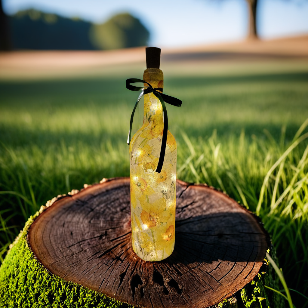 A decoupage wine bottle lamp with a Daffodil design, featuring warm white LED lights and a green ribbon around the neck, placed on a wooden slice with a blurred natural background.