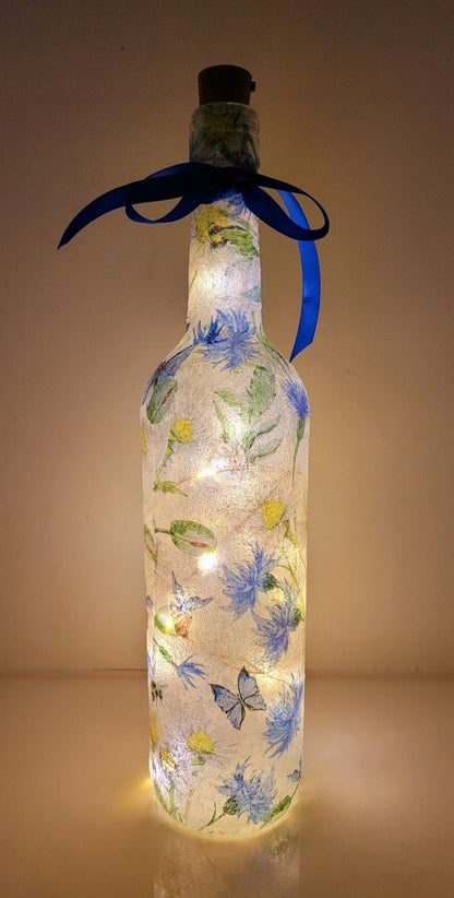 Decoupage Blue Flowers and Butterfly Bottle Lamp - Quantock Inspiration
