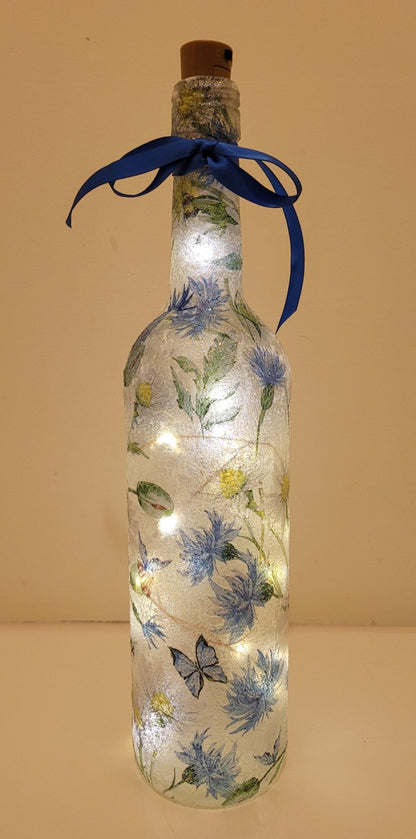 Decoupage Blue Flowers and Butterfly Bottle Lamp - Quantock Inspiration
