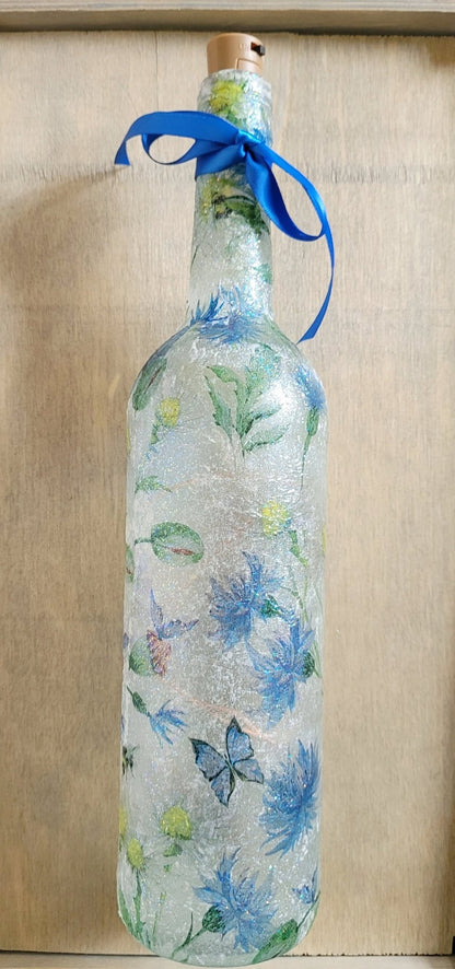 Decoupage Blue Flowers and Butterfly Bottle Lamp - Quantock Inspiration