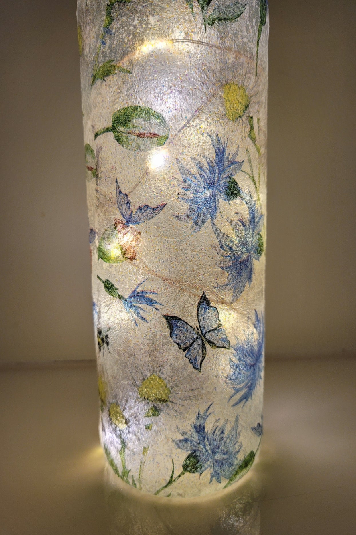 Decoupage Blue Flowers and Butterfly Bottle Lamp - Quantock Inspiration