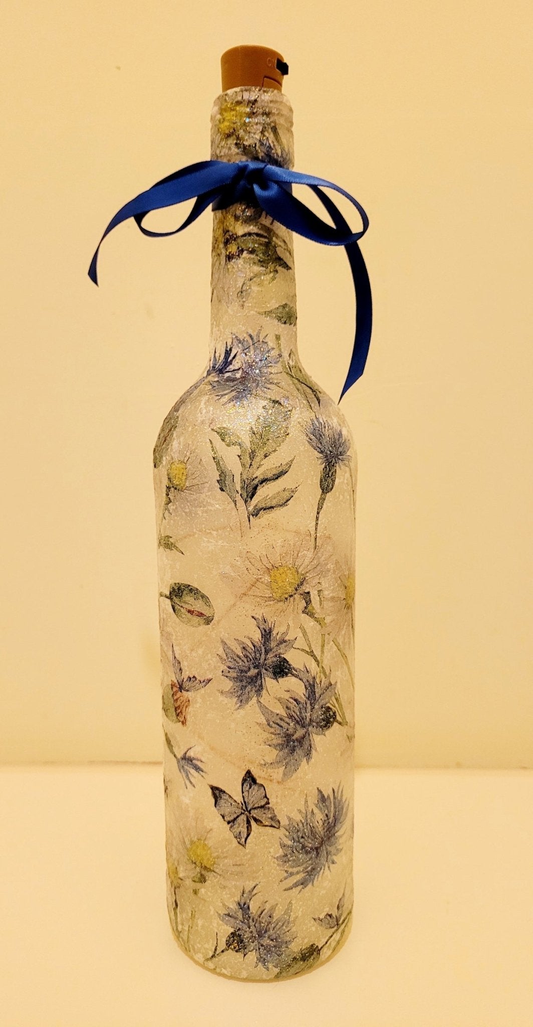 Decoupage Blue Flowers and Butterfly Bottle Lamp - Quantock Inspiration
