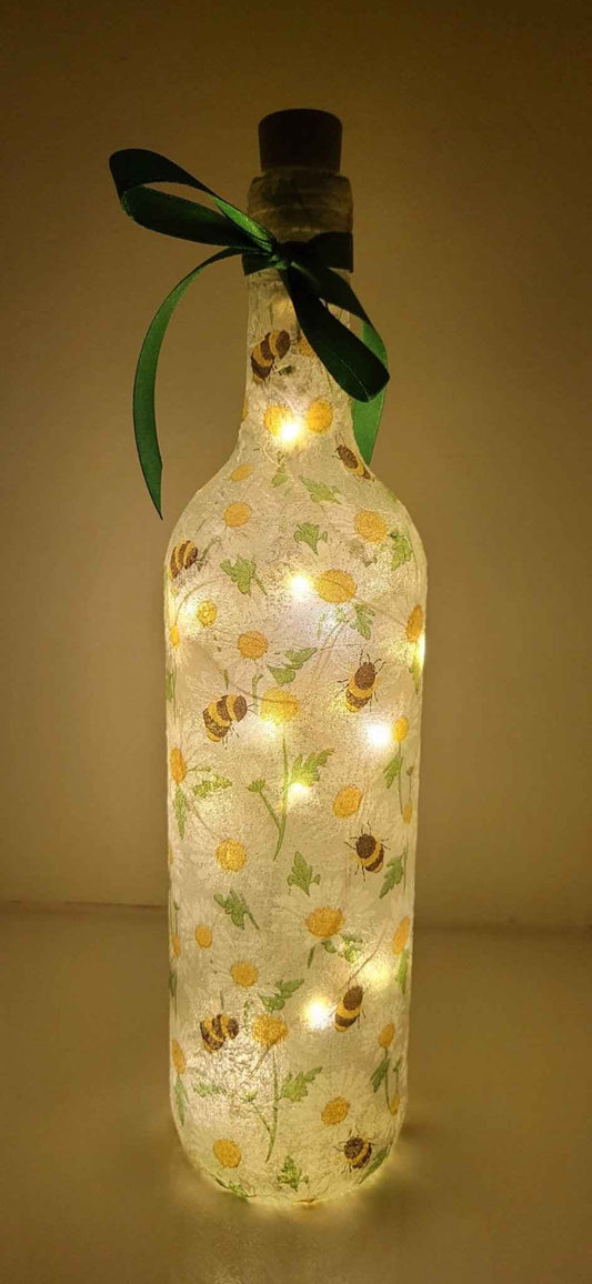Bumble Bee and Daisies Bottle Lamp | Decoupage LED Light | Quantock Inspiration