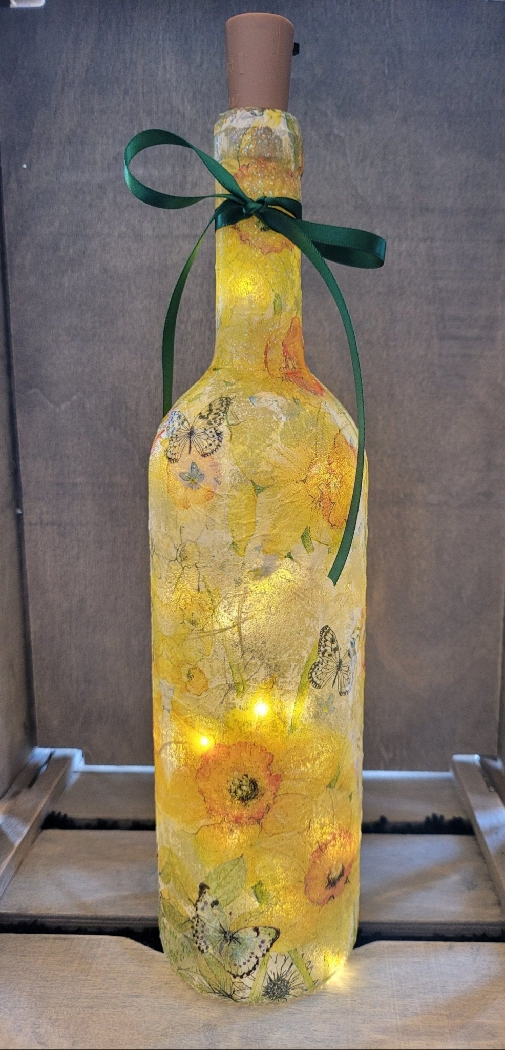 Decoupage Daffodil Wine Bottle Lamp - Quantock Inspiration