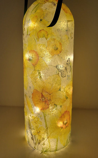 Decoupage Daffodil Wine Bottle Lamp - Quantock Inspiration