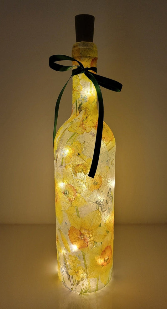 Decoupage Daffodil Wine Bottle Lamp - Quantock Inspiration