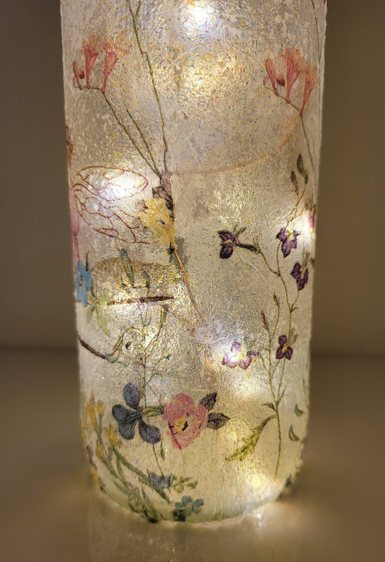Decoupage Fairy bottle lamp - Lit up standard wine bottle with Fairy and flower butterfly detailing. Cork LED lights