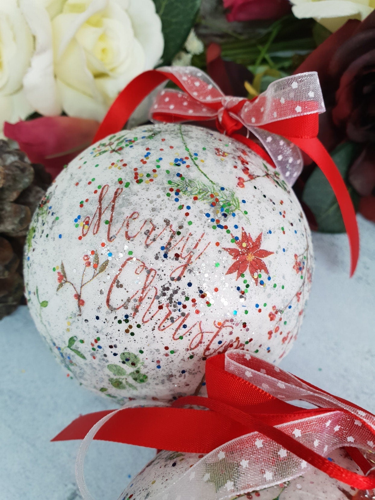 Decoupage Merry Christmas Baubles - Quantock Inspiration