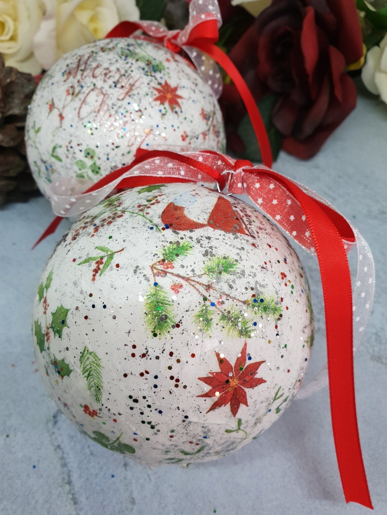 Decoupage Merry Christmas Baubles - Quantock Inspiration