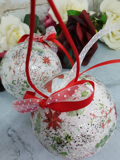 Decoupage Merry Christmas Baubles - Quantock Inspiration
