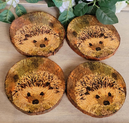 Four Decoupage Natural Wood Slice Hedgehog coasters. Varnished glossy look, hedgehog detail and bark left on the outer edge