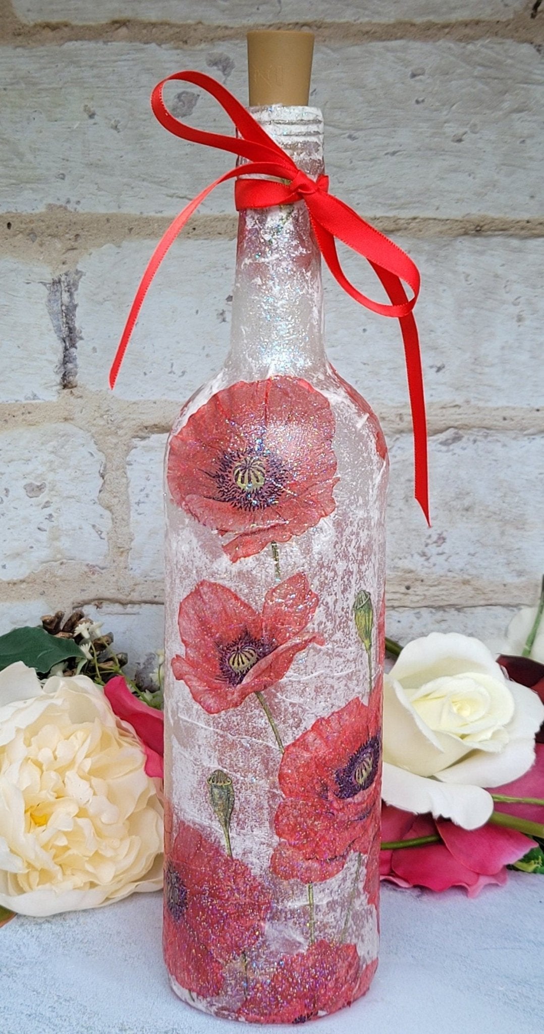 Decoupage Poppy Light Up Wine Bottle - Quantock Inspiration