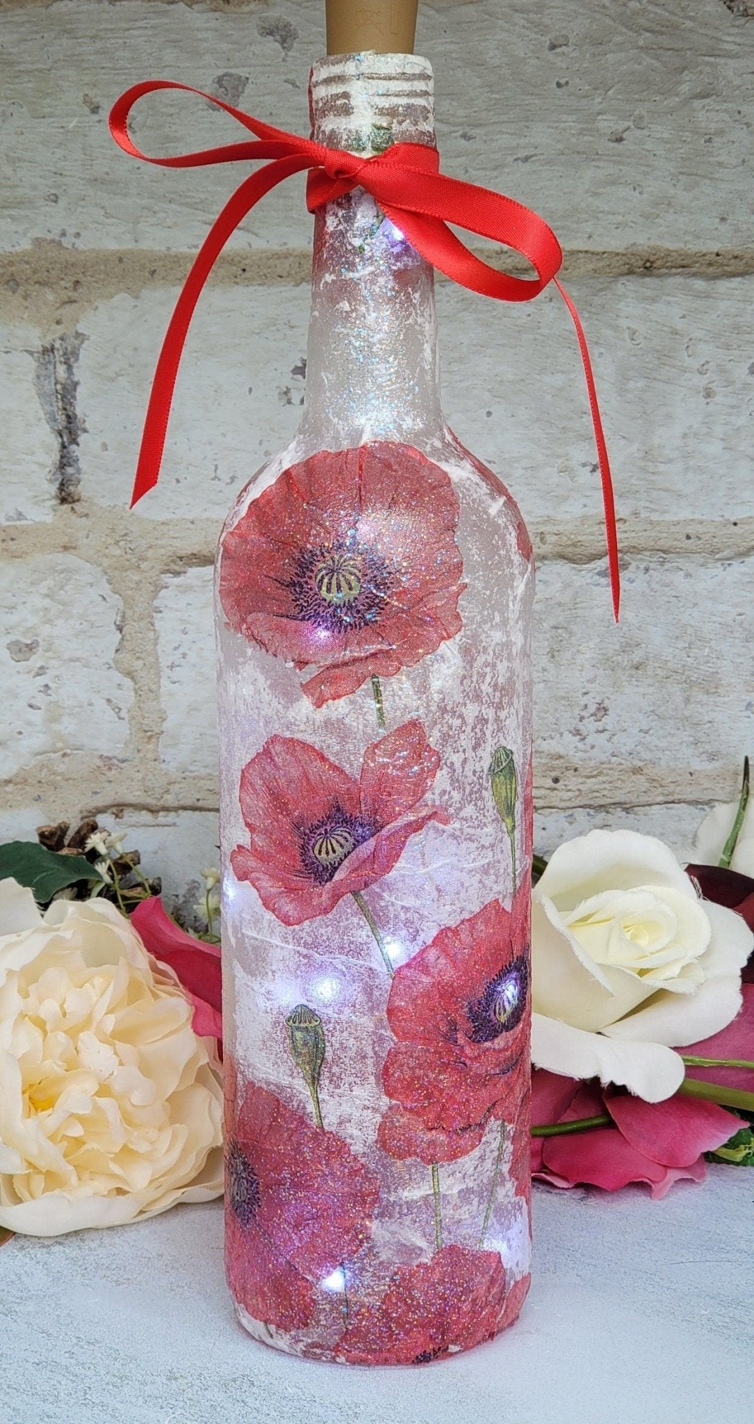 Decoupage Poppy Light Up Wine Bottle - Quantock Inspiration