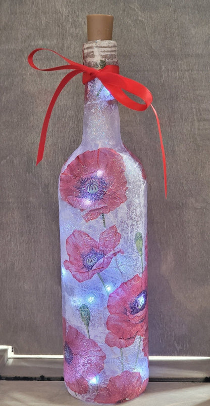 Decoupage Poppy Light Up Wine Bottle - Quantock Inspiration