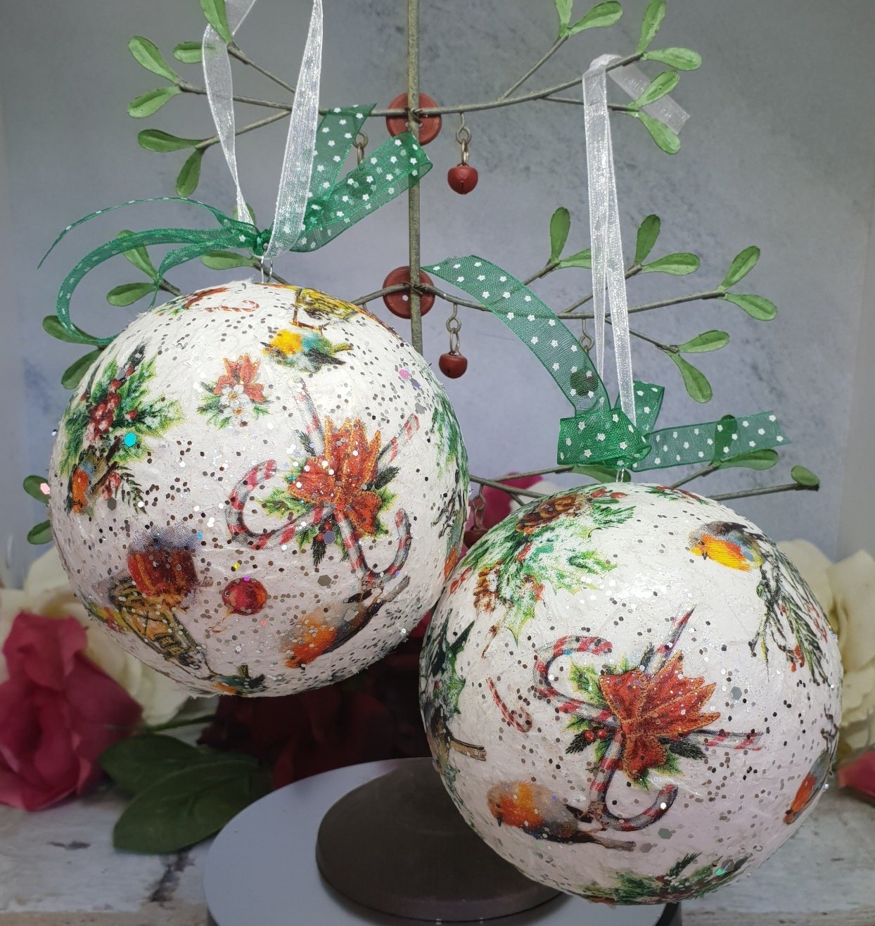 Decoupage Robin Christmas Baubles - Quantock Inspiration