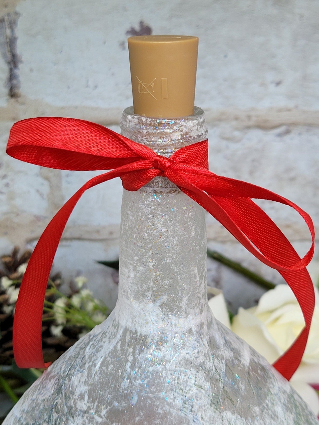 Decoupage Stag Light Up Bottle - red bow tied around the neck of a wine bottle