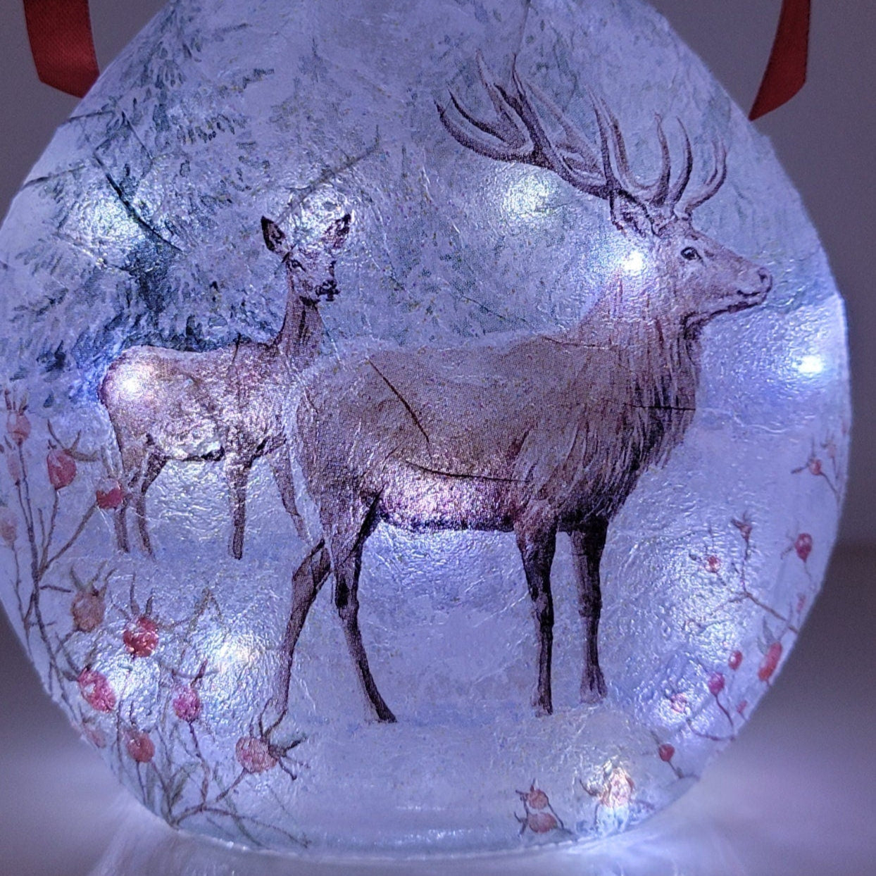 Decoupage Stag Light Up Bottle - Lit up Round glass bottle with Stag detailing. Red bow tied around the neck of the bottle, cork LED lights
