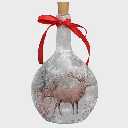 Decoupage Stag Light Up Bottle - Round glass bottle with Stag detailing. Red bow tied around the neck of the bottle, cork LED lights