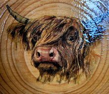 Load image into Gallery viewer, Decoupage Wood Slice Highland Cow Placemats - Quantock Inspiration
