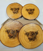 Load image into Gallery viewer, Decoupage Wood Slice Highland Cow Placemats - Quantock Inspiration
