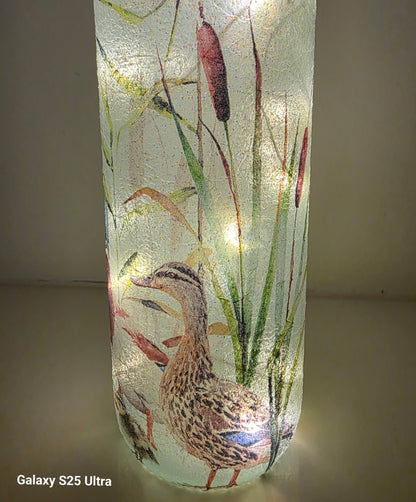 Wine bottle with ducks and ducklings on. Lit up 