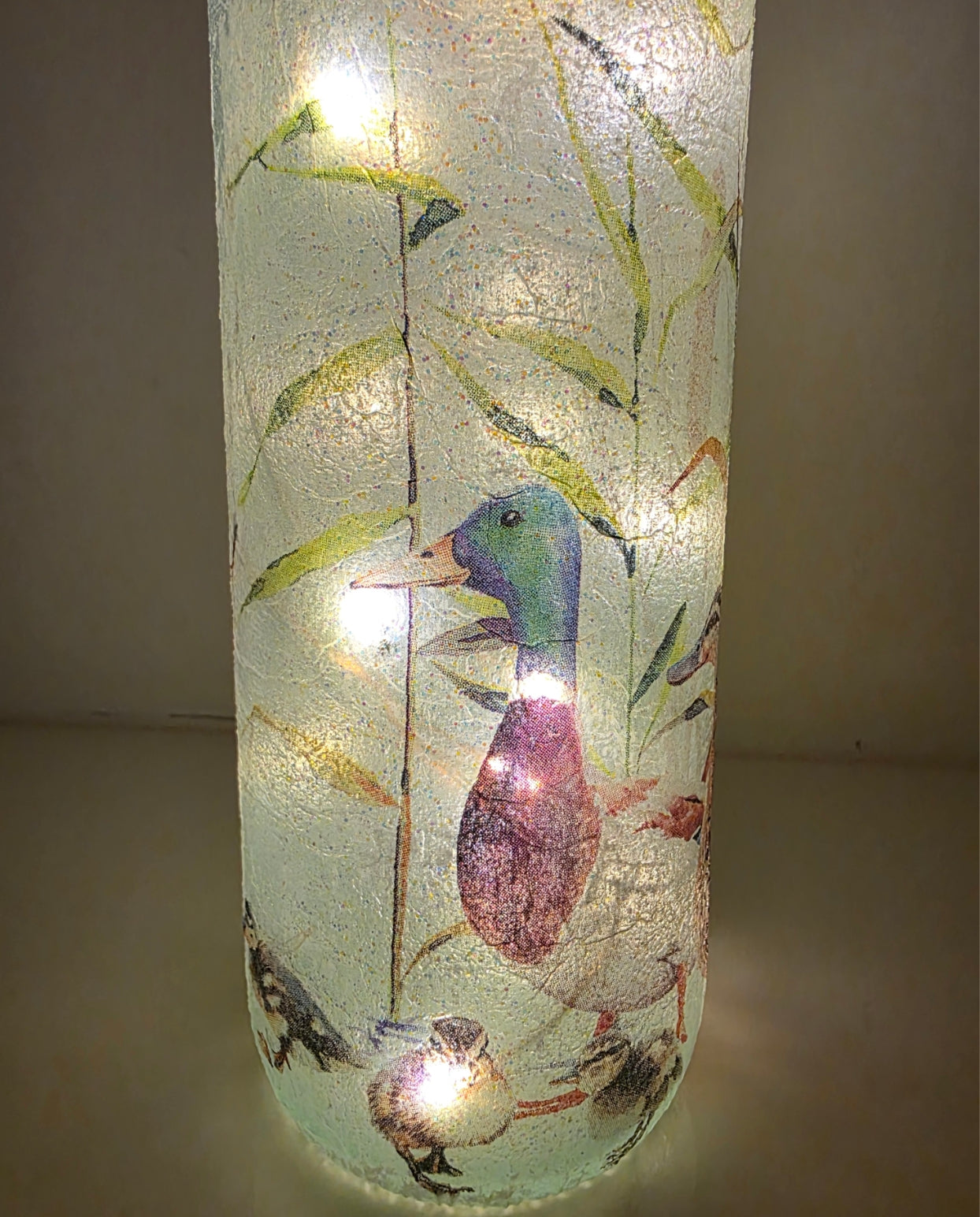 Wine bottle with ducks and ducklings on. Lit up 