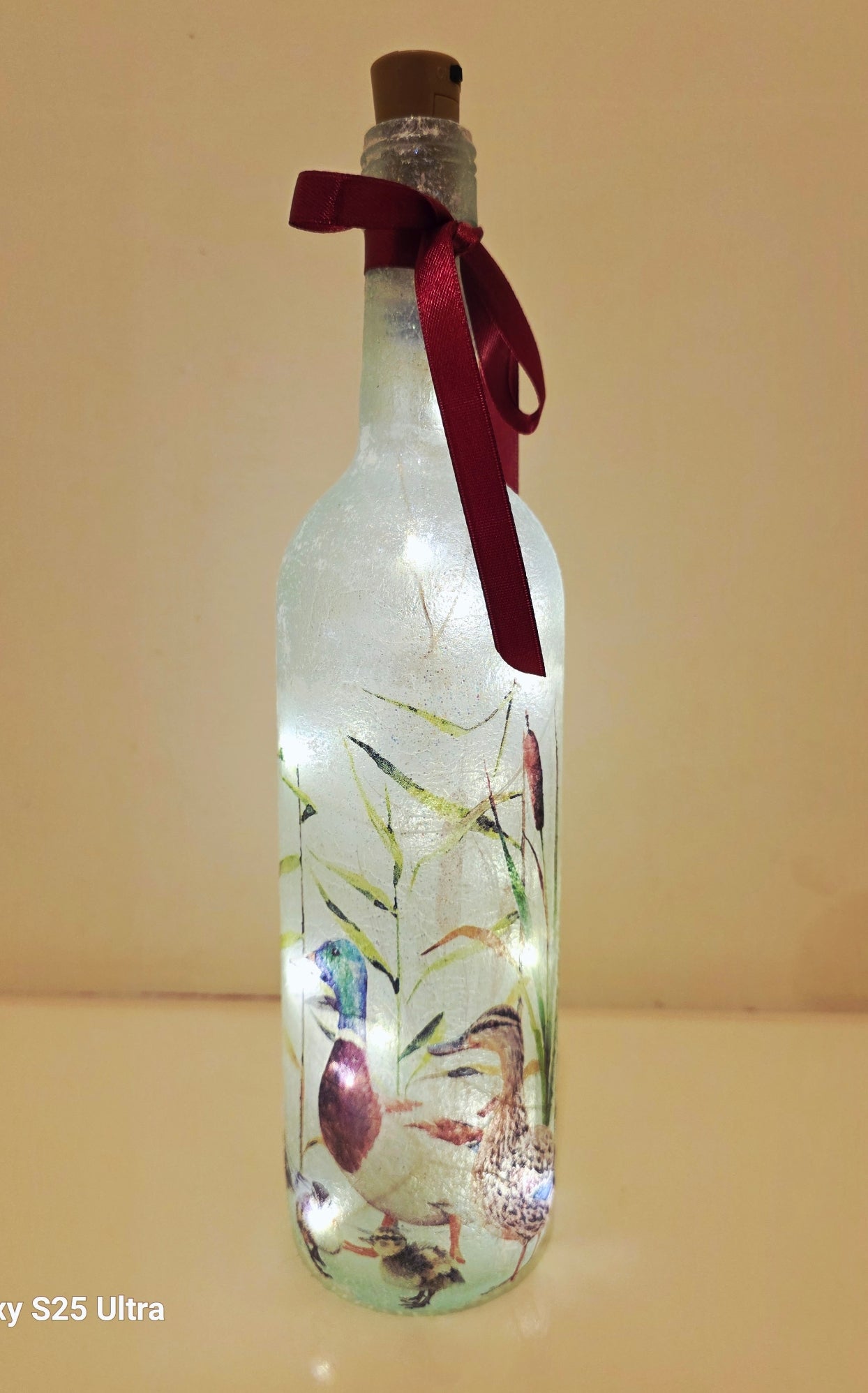 Wine bottle with ducks and ducklings on. Lit up with brown cork. Red ribbon embellishment