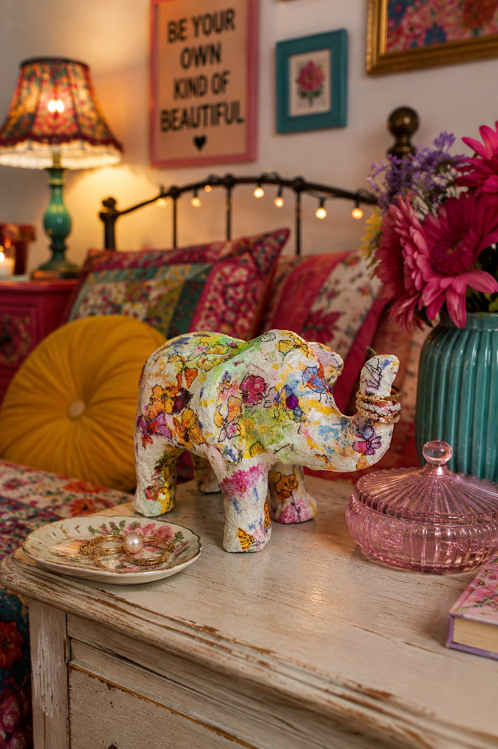A decorative decoupage elephant figurine covered in a colorful floral and paisley pattern, styled on a distressed wooden table in a cozy, bohemian bedroom setting with a pink glass jar, flowers, and patterned bedding. The elephant is holding rings on it's trunk