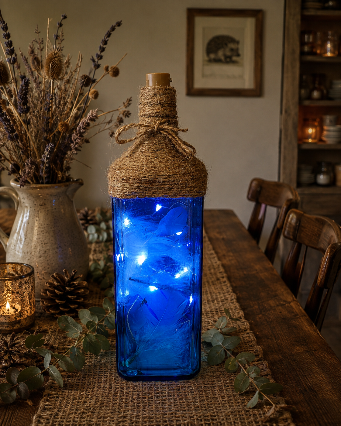A blue rectangular gin bottle with jute twine wrapped around the whole top of the bottle. Ice cold lights inside with blue and white feathers also inside. Rustic dining room setting