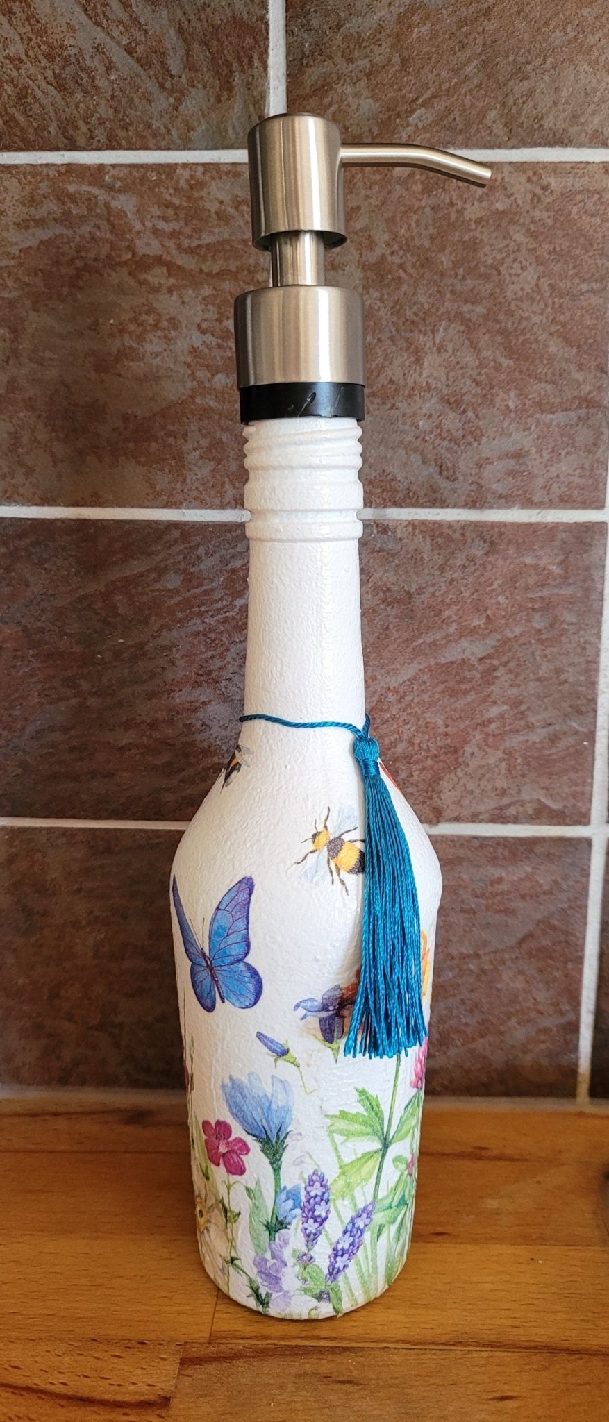 Glass bottle soap dispenser, decoupage soap dispenser, recycled bottle dispenser, soap dispenser - Quantock Inspiration