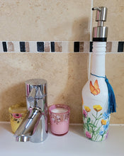 Load image into Gallery viewer, Glass bottle soap dispenser, decoupage soap dispenser, recycled bottle dispenser, soap dispenser - Quantock Inspiration

