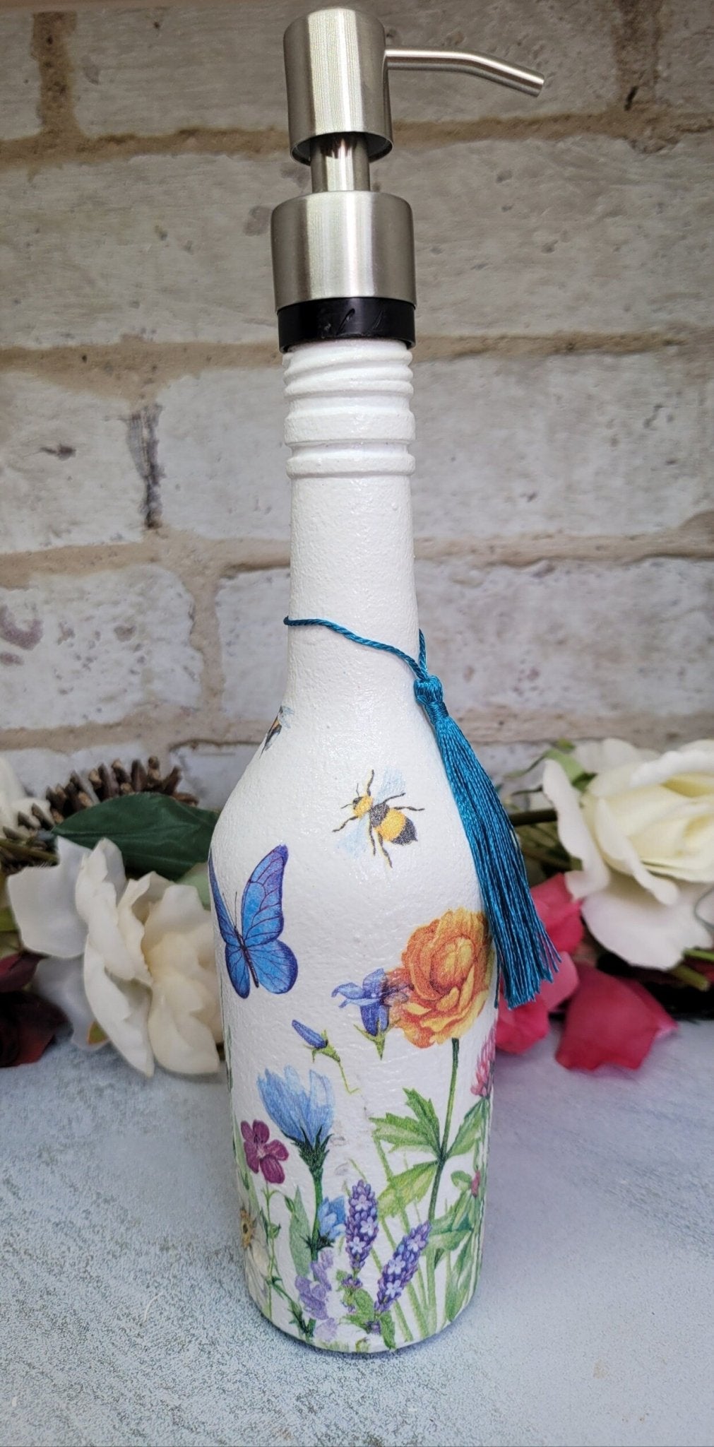 Glass bottle soap dispenser, decoupage soap dispenser, recycled bottle dispenser, soap dispenser - Quantock Inspiration