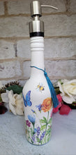 Load image into Gallery viewer, Glass bottle soap dispenser, decoupage soap dispenser, recycled bottle dispenser, soap dispenser - Quantock Inspiration
