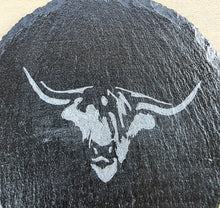 Load image into Gallery viewer, Black slate coaster with white cows head engraving
