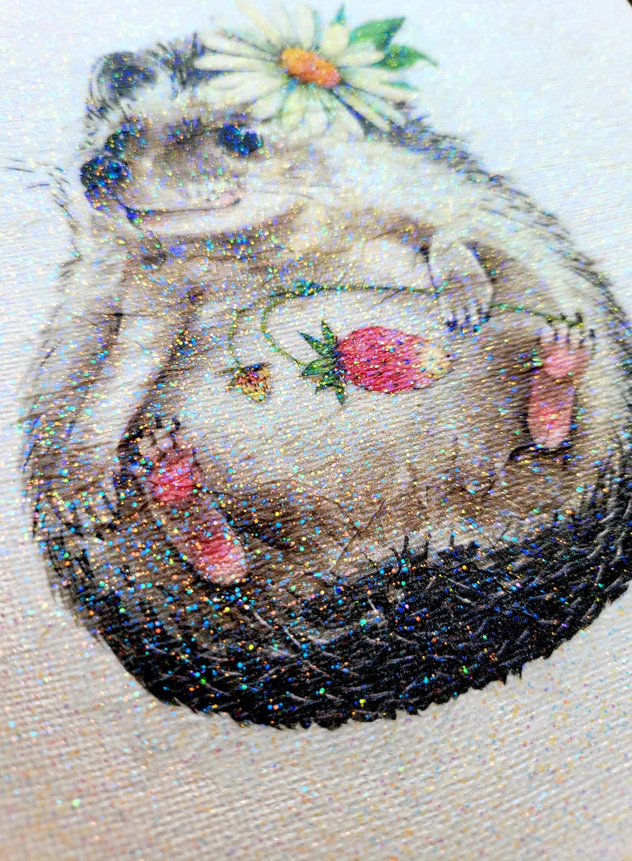 Decorative image of a hedgehog with flowers and beads on a textured background white canvas
