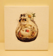 Load image into Gallery viewer, Decoupage image of a hedgehog on a white canvas
