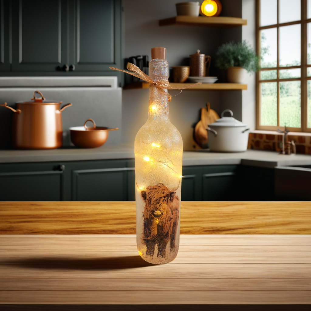Wine bottle with Highland cow detail on the front. Lit up with cork LED lights. Gold bow around the neck of the bottle. Country kitchen background