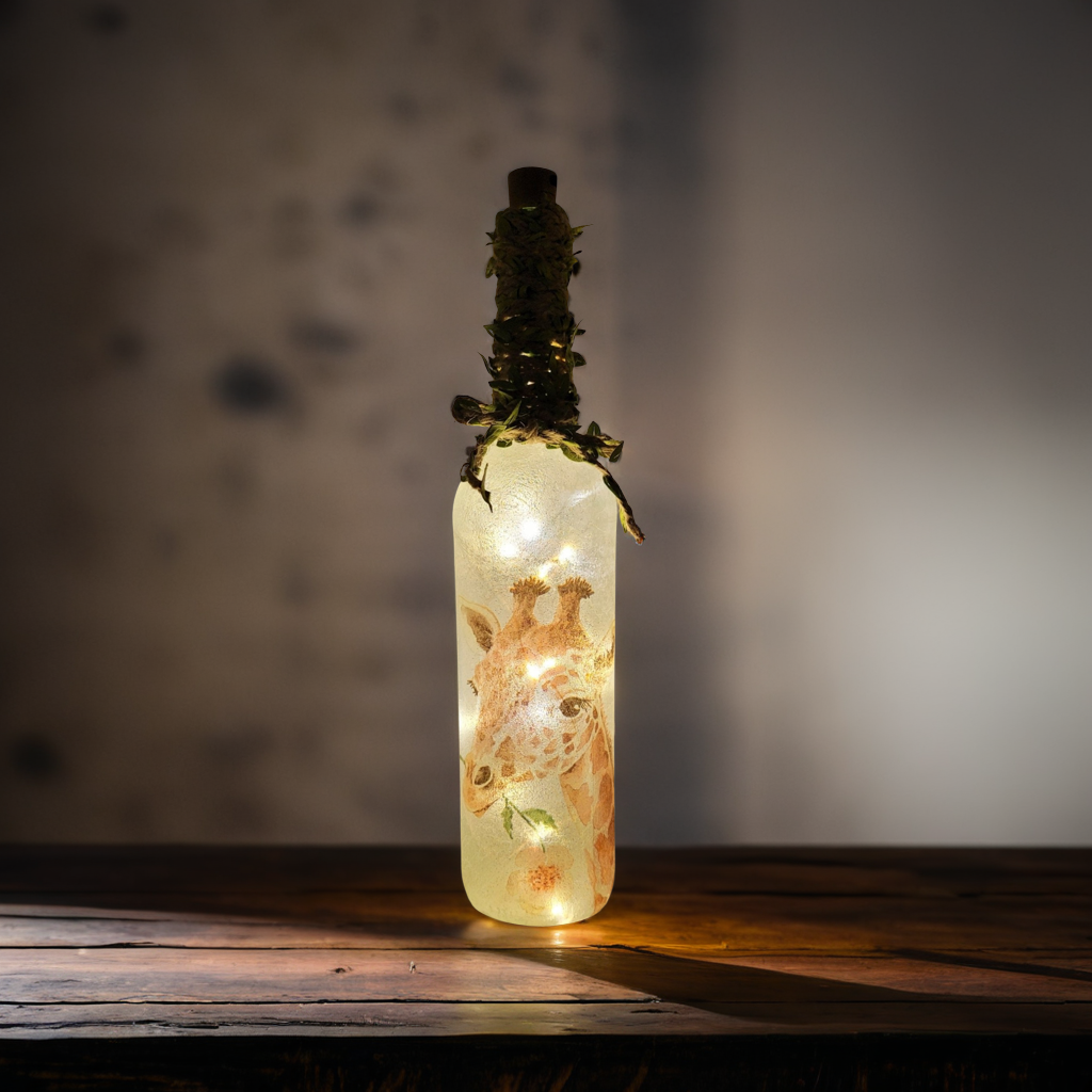 Decoupage Giraffe Bottle Lamp with Jute twine