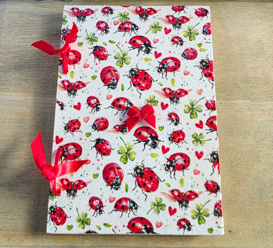 ladybird themed notebbok bound with red ribbon and with  a small red ribbon on the front.