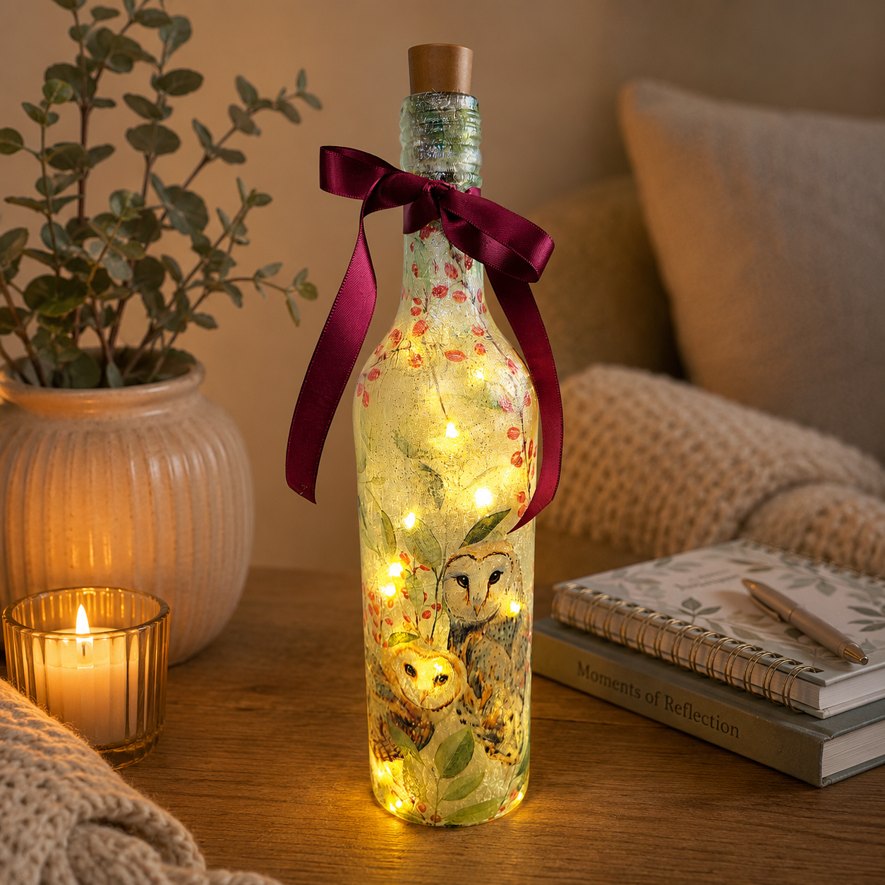 A decorative glass bottle with a cork stopper, decorated with a floral print, fairy lights, owl illustrations, and tied with a dark purple ribbon, set on a wooden table in a cozy living room scene next to a lit candle and a potted plant.
