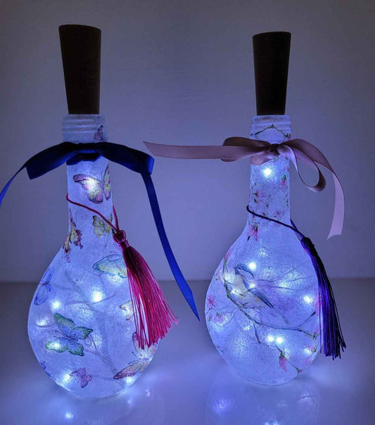 Pair of Miniature Bottle Lamps | Decoupage Floral and Butterfly LED Lighting | Quantock Inspiration