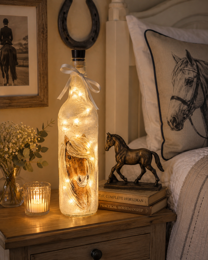 A lit up wine bottle with a chestnut pony on the front with a light coloured long mane. The bottle is on a bedside table