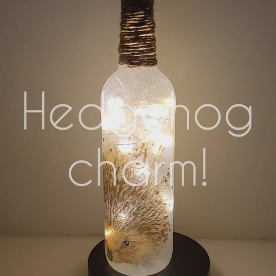 Rotating example of a Lit up standard wine bottle with single hedgehog detail. Cork LED lights. Jute twine wound all the way down the neck of the bottle
